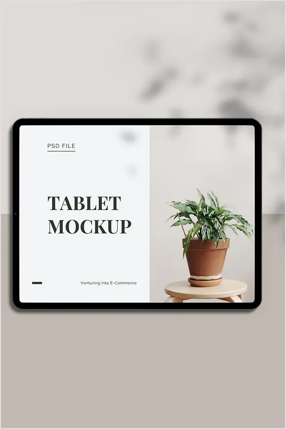 Minimal tablet mockup with a potted plant on a neutral background.